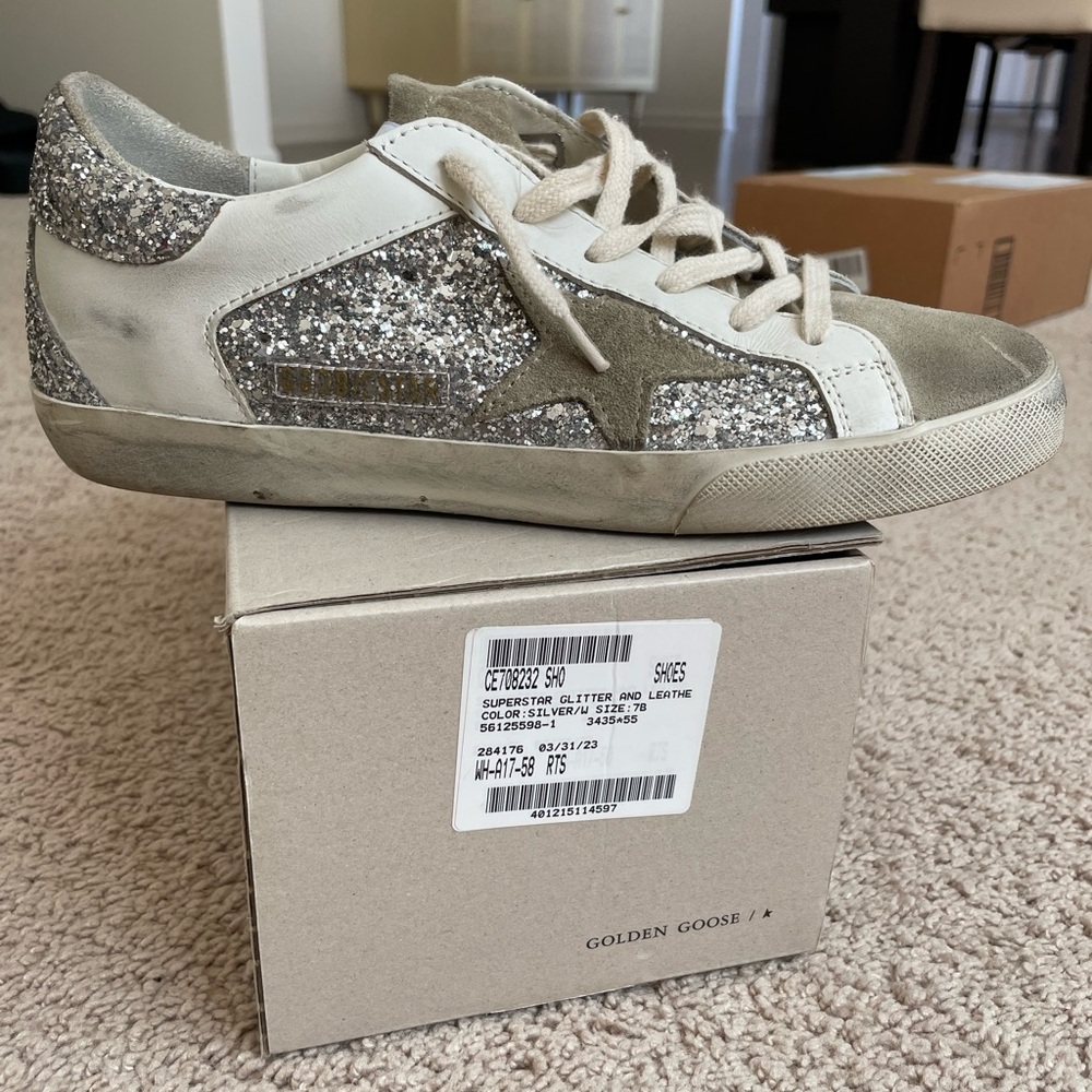 Golden Goose Silver and Tan Athletic Shoes with Sparkly Accents